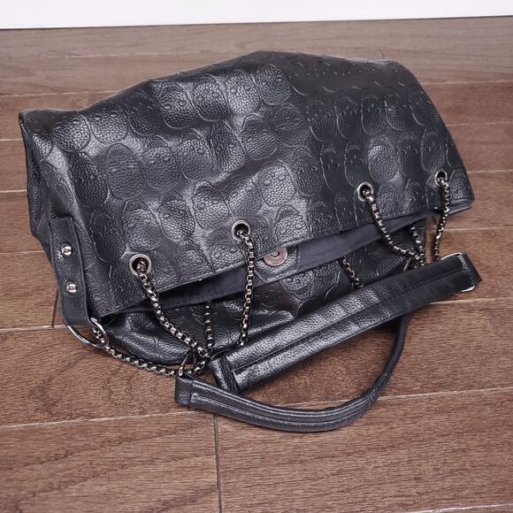 Skull Embossed Bucket Bag Tote Black Shopper Purse Chain Gothic Punk Alternative - Picture 11 of 11